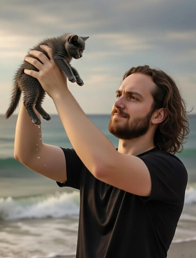 Evan M Hamilton rescuing a kitten from drowning